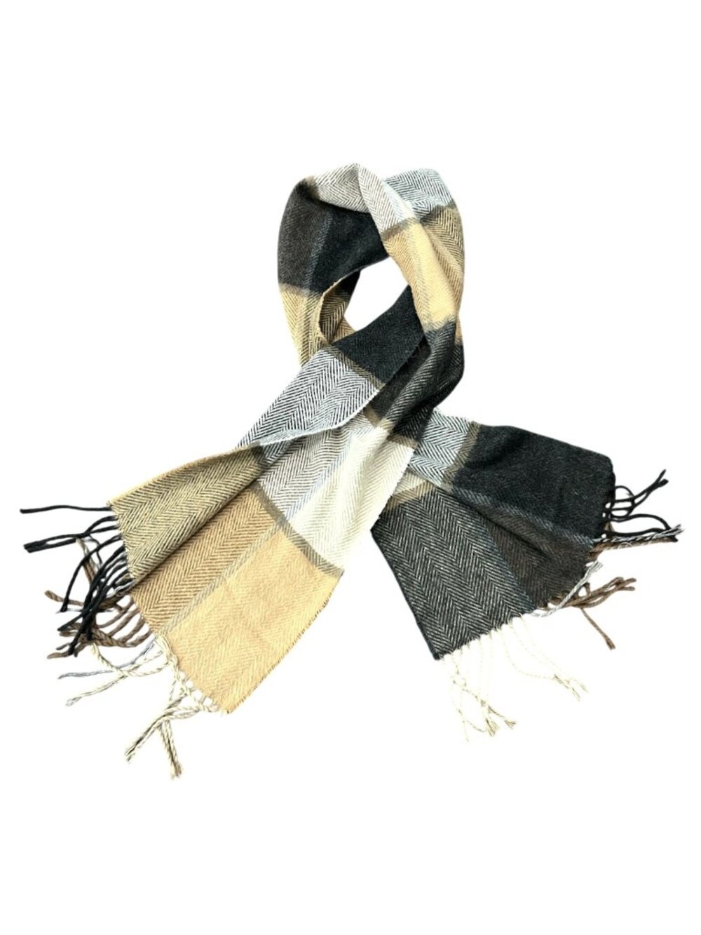 V. Fraas 56"x10.5" Black Beige Plaid Cashmink Scarf Fringe Classic Academia